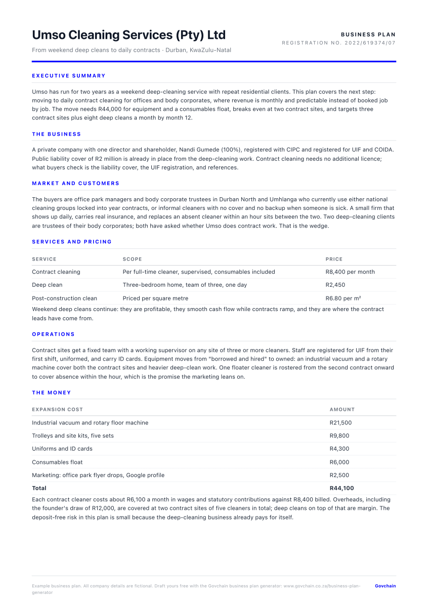 Cleaning company business plan example, first page