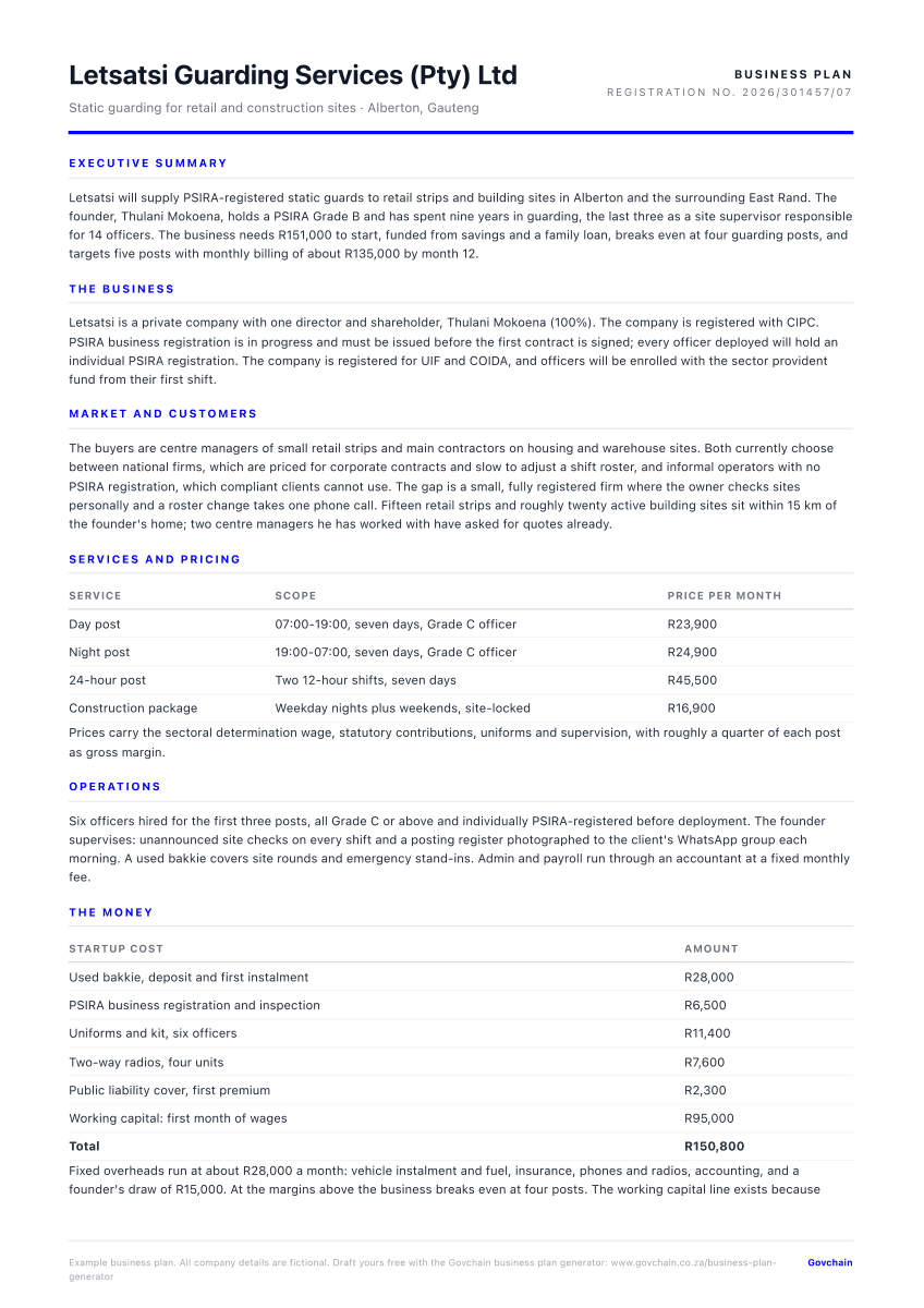 Security company business plan example, first page