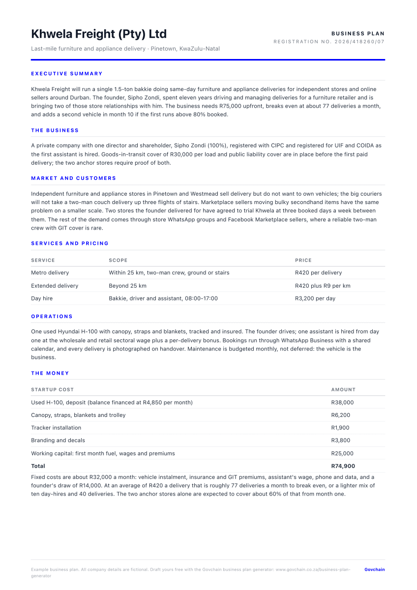 Transport business business plan example, first page
