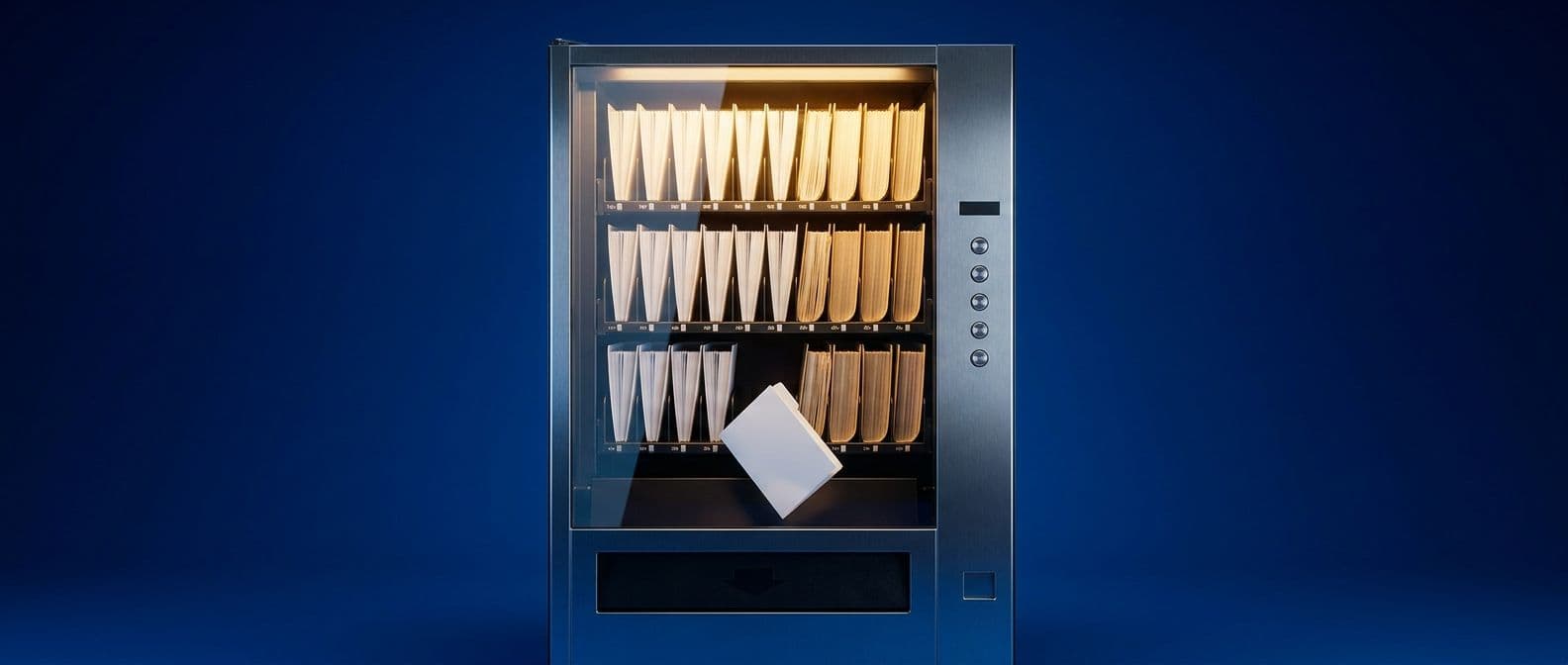Vending machine stocked with tax filing folders, one folder dropping into the collection tray