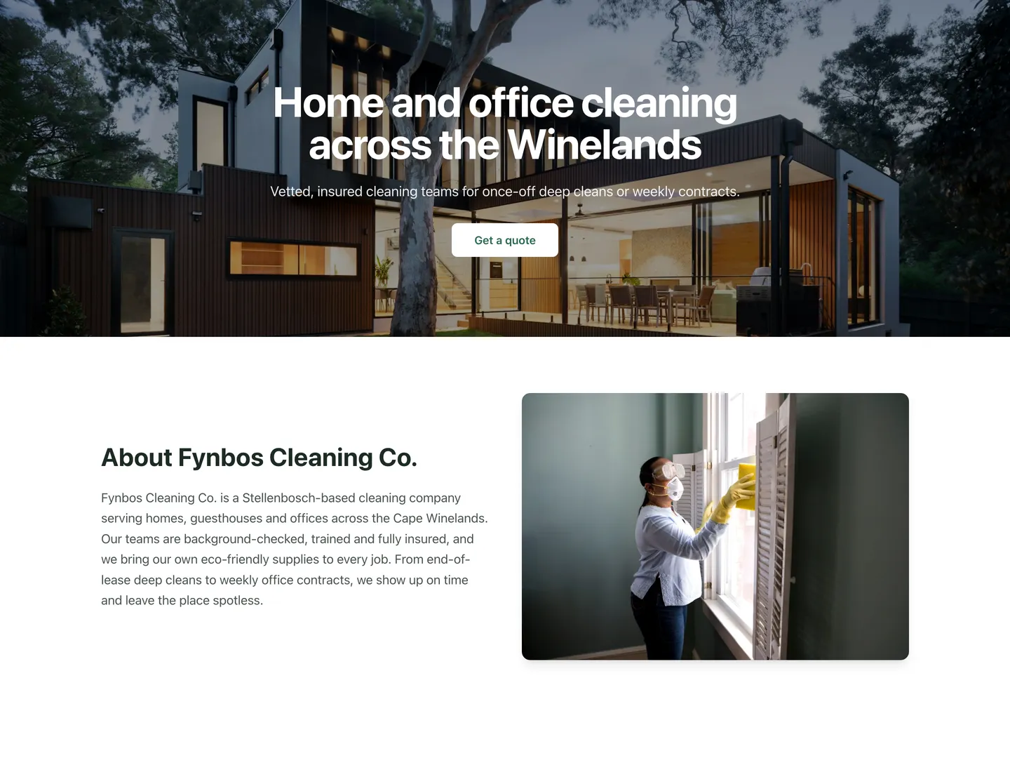 Example website for a cleaning company, made with the Govchain website builder