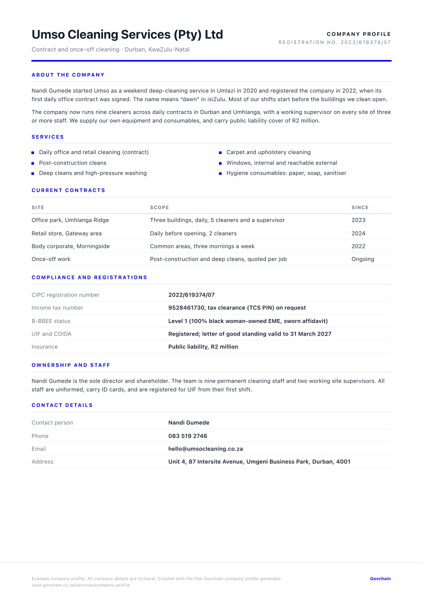 Cleaning company profile example, one A4 page