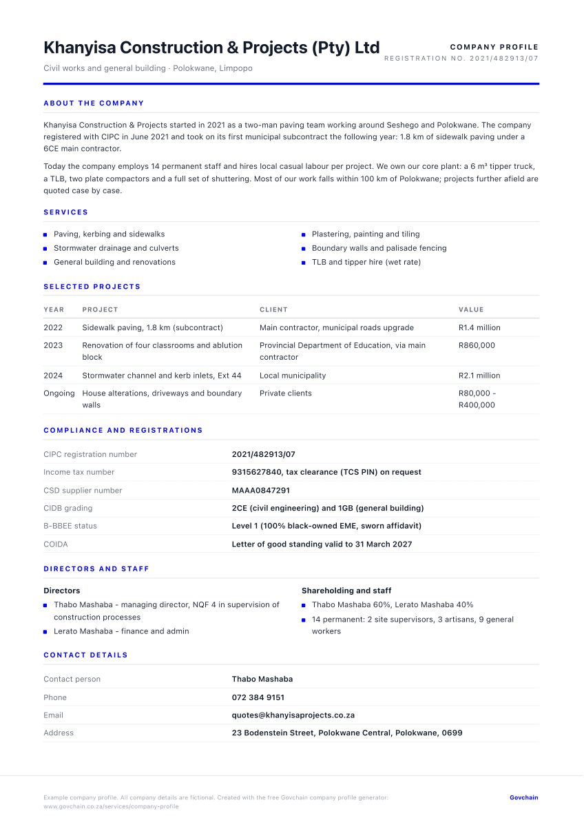 Construction company profile example, one A4 page