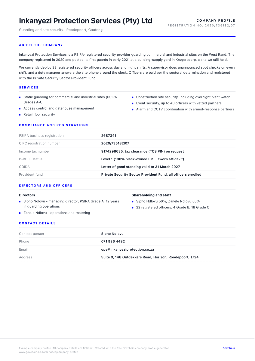 Security company profile example, one A4 page
