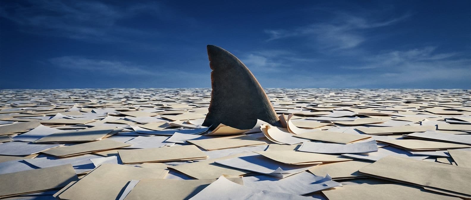 Shark fin cutting through a sea of tax documents