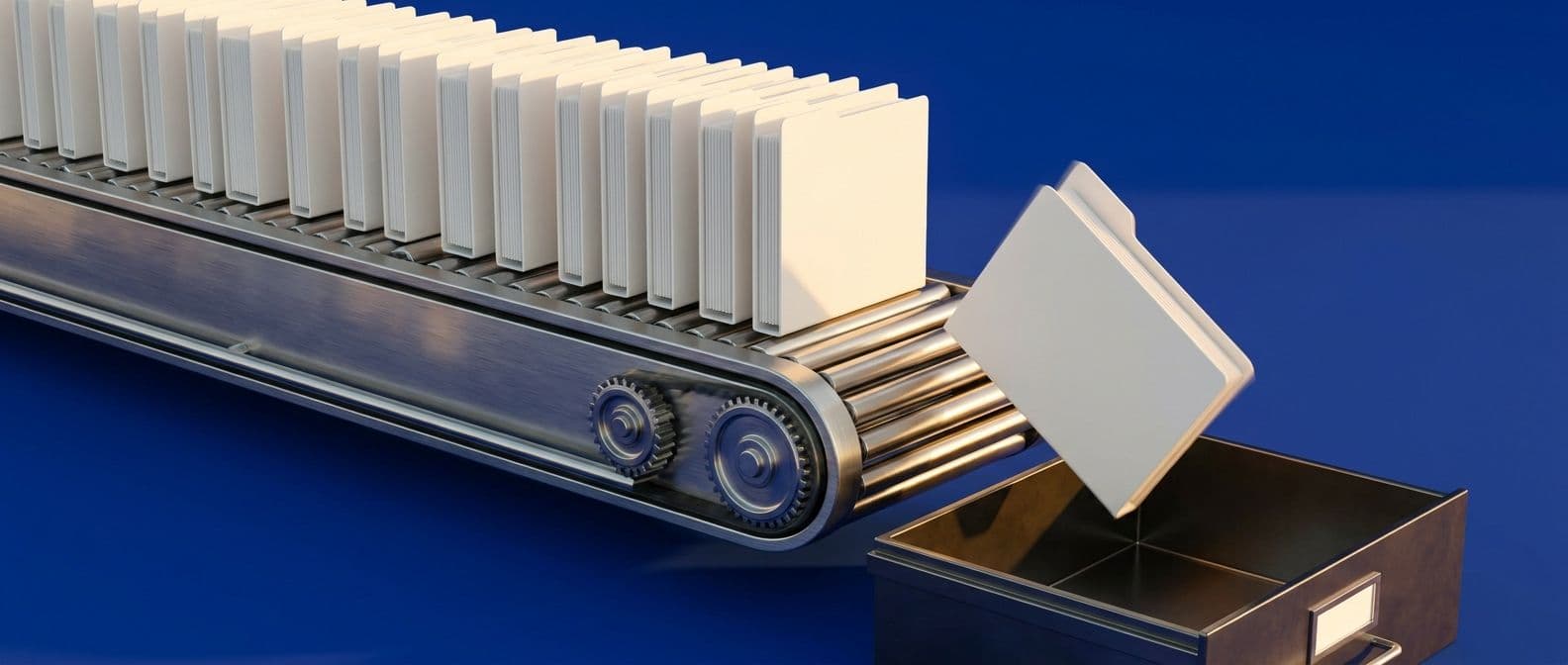 Conveyor belt of identical filing folders, one dropping into an open filing drawer